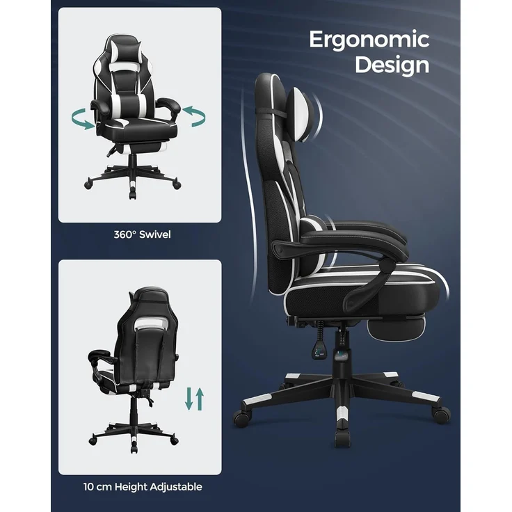 Songmics Bürostuhl, ausziehbare Fußstütze, Kopfkissen, Lendenkissen, höhenverstellbar, ergonomisch, neigbare Rückenlehne, bis 150 kg belastbar, tintenschwarz-wolkenweiß – Bild 6
