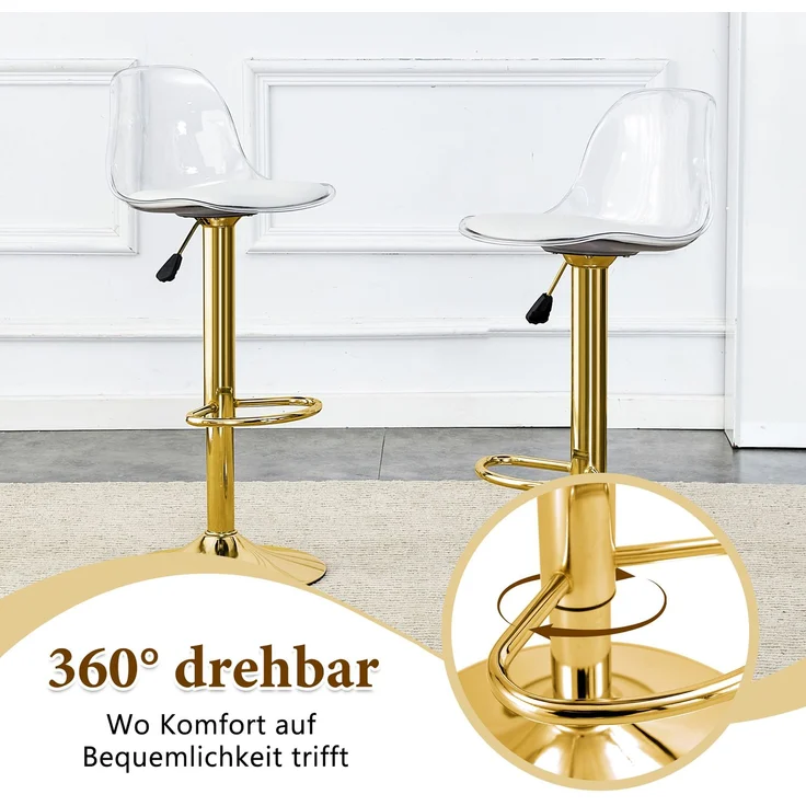 2er-Set Barhocker, höhenverstellbar H 104 x T 40.5 x B 40.5 cm, transparente Rückenlehne, goldfarbenes Metallgestell – Bild 6