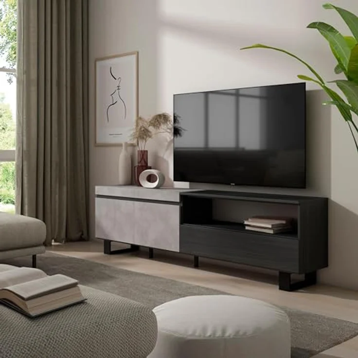 Skraut Home | TV-Schrank, Lowboard | für Wohnzimmer und Esszimmer | 200x57x35cm | Für TV-Geräte bis zu 80" | Industriedesign | Moderner Stil | Zement – Bild 2