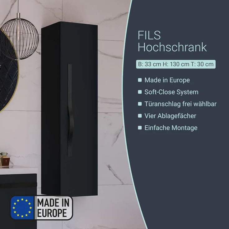 BADEDU FILS Hochschrank 33 cm breit, Schwarz, Griff Schwarz – Bild 3