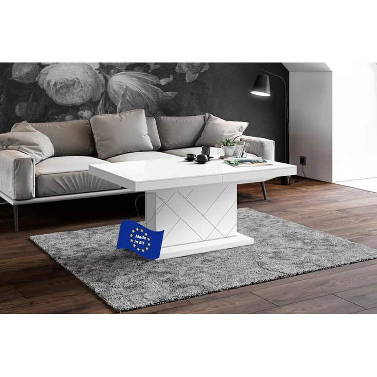 designimpex Couchtisch Design Tisch HM-333 Weiß Hochglanz höhenverstellbar ausziehbar, Funktionstisch, Wohnzimmertisch, Tisch, Esstisch, Sofatisch