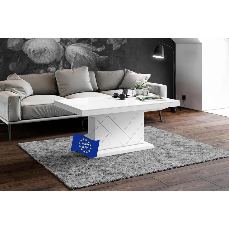 designimpex Couchtisch Design Tisch HM-333 Weiß Hochglanz höhenverstellbar ausziehbar, Funktionstisch, Wohnzimmertisch, Tisch, Esstisch, Sofatisch