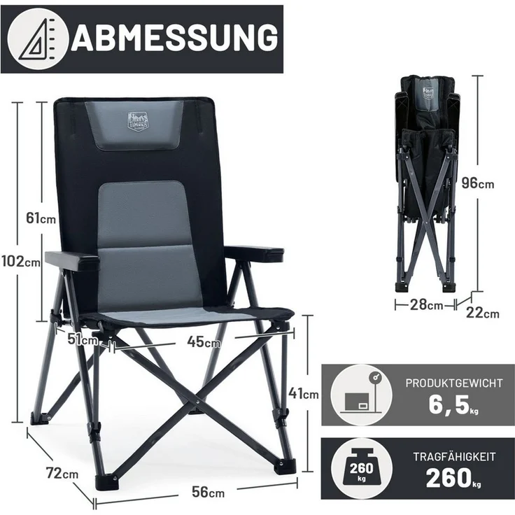 TIMBER RIDGE Campingstuhl Klappstuhl mit Gepolstert, 260 KG belastbar (1 St), mit Tragetasche, für Camping, Wandern & Picknick – Bild 3