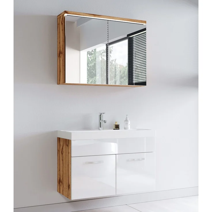 Badplaats Badmöbel Komplettset Paso 02 80 x 40 cm Eiche mit Weiß Hochglanz - Badezimmermöbel mit Waschbecken und Spiegelschrank – Bild 2