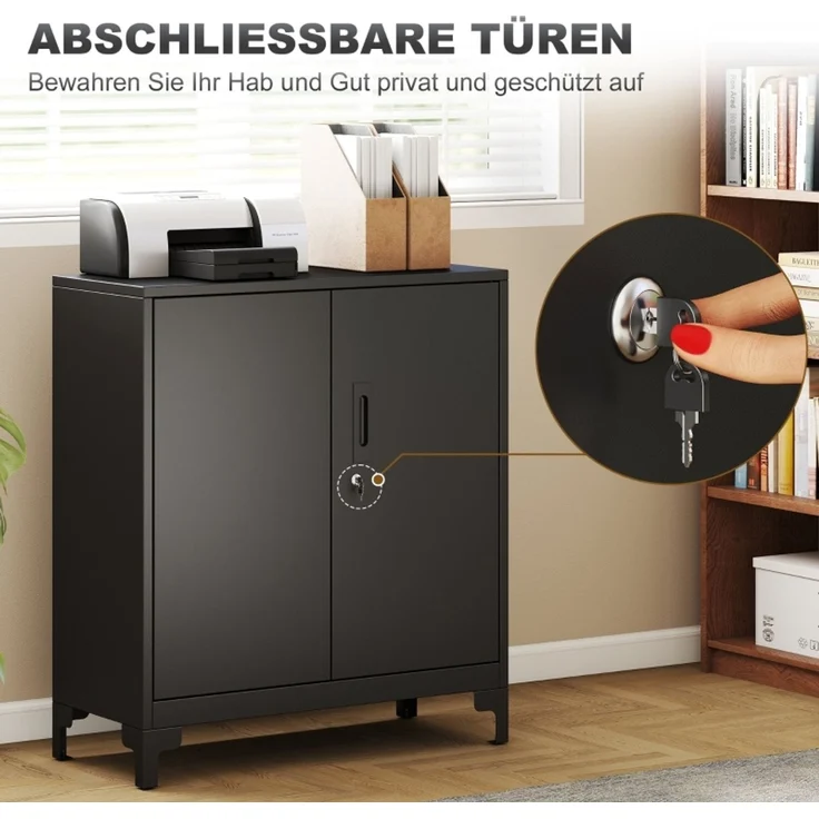 Büroschrank aus Metall, verschließbare Türen, Bürokommode, 2-stufiges Design, Schwarz--Schwarz--80x35x91cm--YOUDENOVA – Bild 5