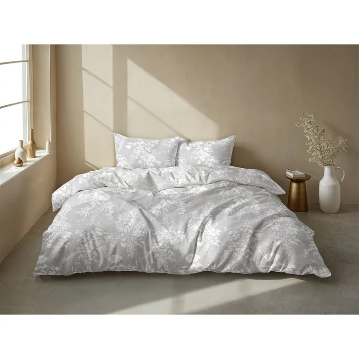Zohome Cotton Bettwäsche 135x200 Ibisco di Lino Dove Grey Blumen weiß silber – Bild 3