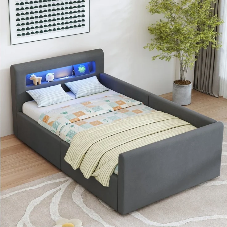 STILVORA Polsterbett 90×200 mit Matratze&Stauraum,Kinderbett mit LED,Naturlicht,Regal&USB (mit LED-Licht und USB-Ladeanschluss, Hydraulischem Stauraum & Regal, Samtstoff, Mit verstellbaren Rückenlehnen und Nachtlicht, 90x200 cm), mit Matratze – Bild 2