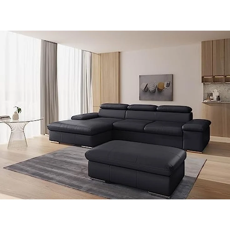 CAVADORE Echtleder-Eckcouch Valerie mit XL-Longchair / Ecksofa mit Kopfteilverstellung, großem Longchair + Metallfüßen / 286 x 73 x 174 / Leder Schwarz – Bild 2