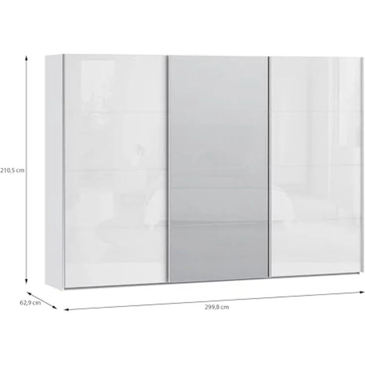 Forte SOPHISTISPACE Kleiderschrank 300, moderner Schwebetürenschrank, 3-türig, Einlegeböden, Kleiderstangen, Spiegel, Holzwerkstoff, Weiß/Weiß Glanz, 299,8 cm breit x 210,5 cm hoch x 62,9 cm tief – Bild 3