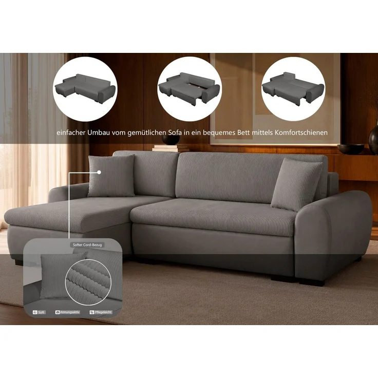 OTTO home Ecksofa KIVELLA mit Schlaffunktion, Cord-Struktur, L-Form, 240 cm, Schlafsofa - Liegefläche (128/191), Bettkasten, Cord-Struktur-Mix – Bild 3