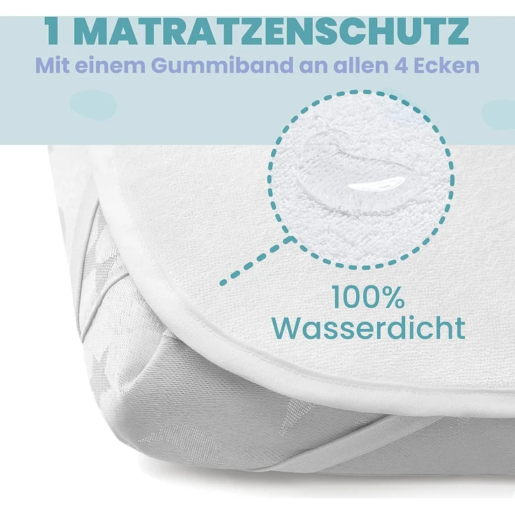 2X Spannbettlaken aus 100% Baumwolle mit Gummiband - 1X Matratzenschoner aus 100% wasserdichtem Material - 3er-Set - 55x90 cm - Grau – Bild 4