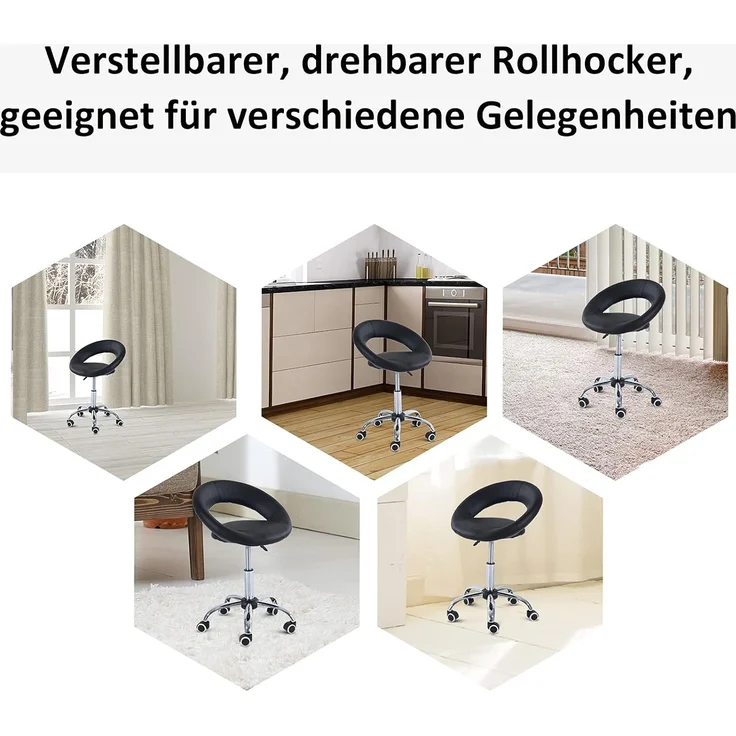 HOMCOM Rollsitz höhenverstellbarer Bürostuhl mit Rollen (Drehhocker, 1 St, Arbeitshocker), PU+Metall, Schwarz, 50 x 54 x 66-78 cm – Bild 5