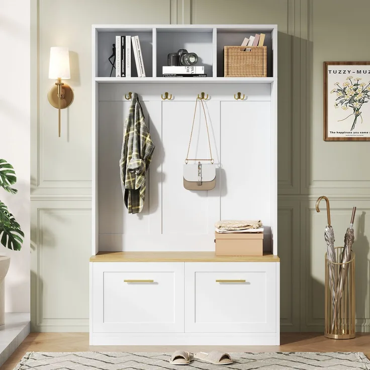 Garderobenset mit Sitzbank, offenem Stauraum und 2 Türen – Kompaktgarderobe mit 4 Haken, in Natur & Weiß, Maße 105 × 40 × 180 cm--Natur + Weiß--105x40x180cm--YOUDENOVA