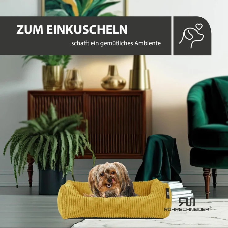 Rohrschneider Tierbett Hundebett Cord für kleine Hunde mit waschbarem Bezug inkl. Futternapf, antiruschbeschichtete Unterseite – Bild 5