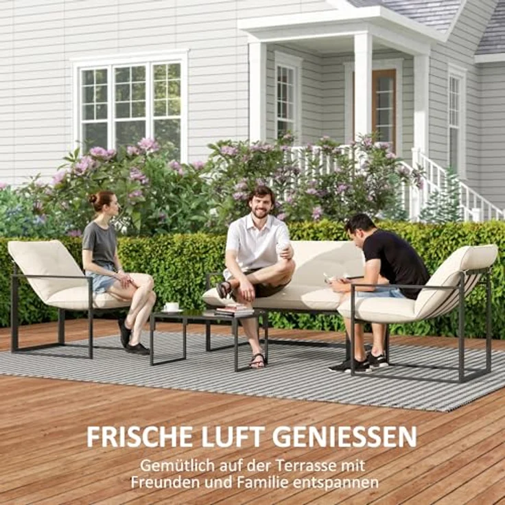 Outsunny Gartenmöbel Set 4 Personen Stahl wetterfest Balkonmöbel-Set mit 2er Sofa, Sessel Glastisch Sitzkissen Outdoor Sitzgruppe Terrassenmöbel Gartengarnitur für Garten Terrasse Balkon Grau+Beige – Bild 7