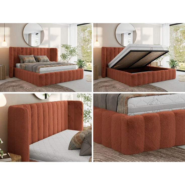 Polsterbett GOLETTA CLASSIC 160 x 200 cm mit gepolstertem Kopfteil, stabilem Bettrahmen, Lattenrost und Bettkasten mit Gasdruckfedern, Doppelbett, zeitloses Design Multipocket Matratze Matratze - Orange Plüsch - ELORI LUX – Bild 2