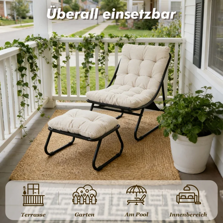 LVHOM Sessel mit Hocker, Gepolsterter Loungesessel aus Cord mit Metallgestell, ergonomischer Relaxsessel für Wohnzimmer und Schlafzimmer, Weiß – Bild 6