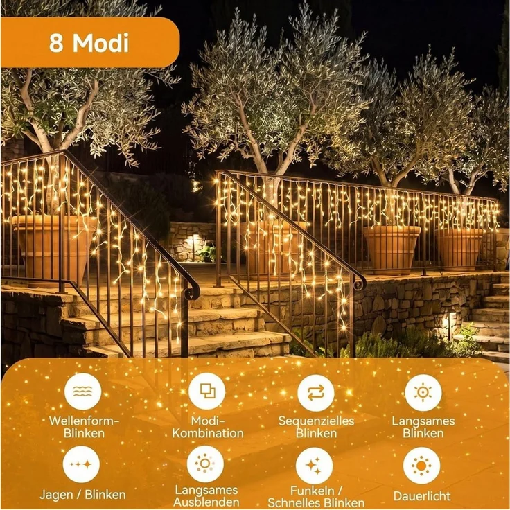 GarveeMore LED-Lichterkette Eisregen für außen, extra hohe LED-Dichte, strombetrieben, warmweiß, 1100-flammig, Mit Fernbedienung & Timer, IP44, ideal für Dachrinne & Balkon – Bild 3