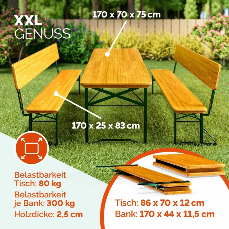 Casaria Bierzeltgarnitur mit Rückenlehne, 3-teilig, klappbar, Holz natur / Stahl grün, 170 x 70 x 75 cm – Bild 2