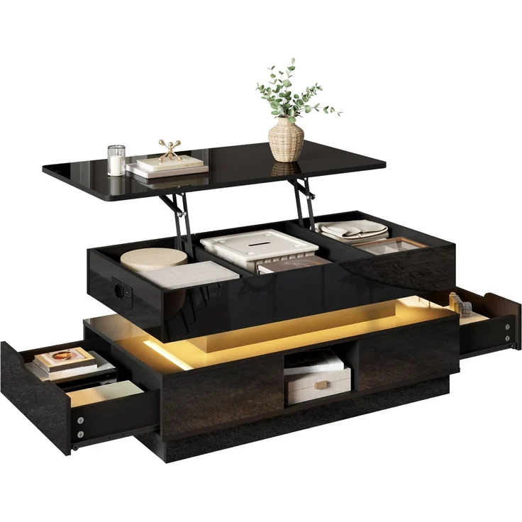 Couchtisch 90 x 48 x 42,5 cm in Schwarz, höhenverstellbar, mit Steckdose, LED und Stauraum – Bild 7