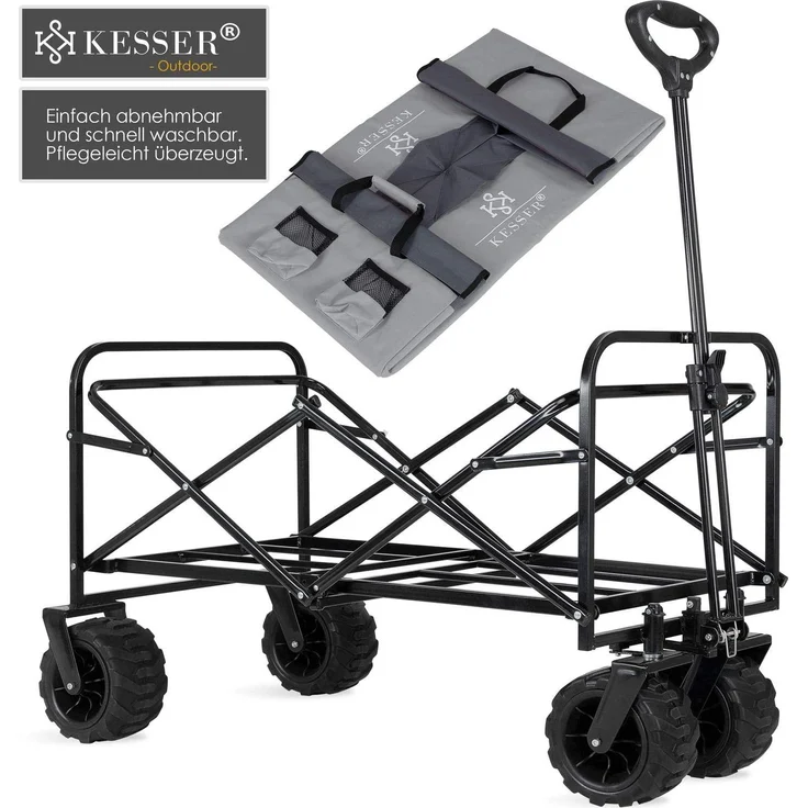 KESSER® Bollerwagen faltbar mit Breite Reifen Handwagen Transportkarre Gerätewagen | inkl. 2 Netztaschen | klappbar | Kunststoff-Reifen | bis 150 kg Tragkraft transportwagen Gartenanhänger Grau – Bild 4