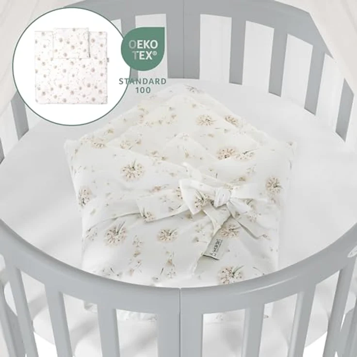 Waldin Babybett OWAL aus Holz 7in1 mit Matratze, mitwachsendes Kinder-Bett, belüftet, Boden 5-fach verstellbar, All-Inclusive-Set Holz grau, Stoffe Champagner Löwenzahn – Bild 5
