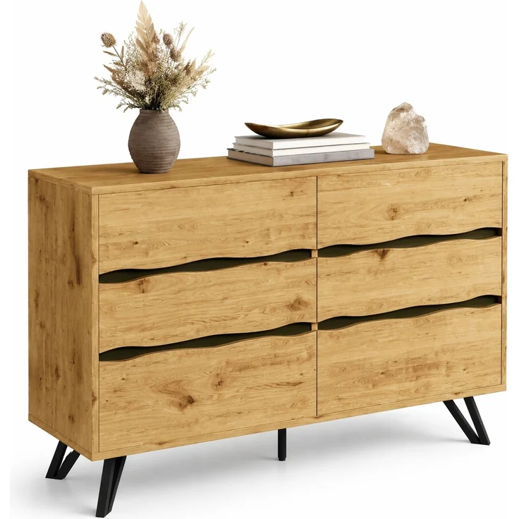 DESVIAE Sideboard mit 6 Schubladen 120x75,5x40 cm aus Spanplatte in Holzfarbe – Bild 7