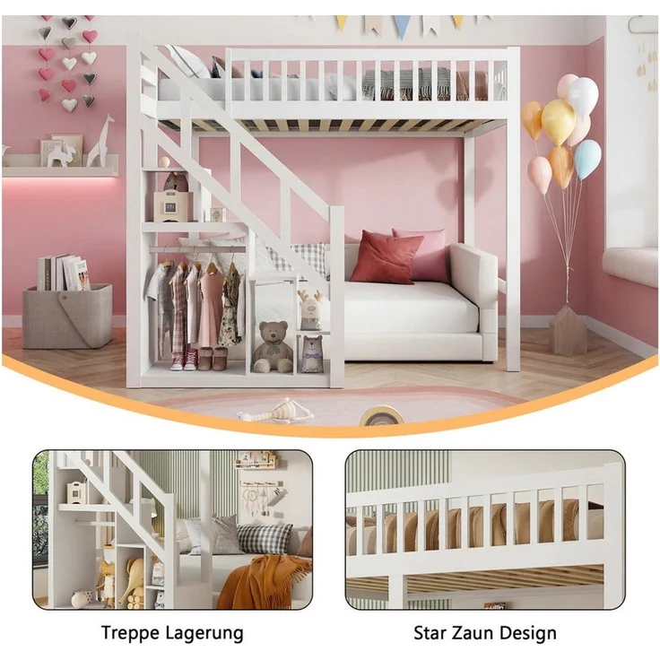 Simurq Hochbett Kinder‑Loftbett 90x200, Stauraumtreppe, Stern‑Muster Absturzsicherung – Bild 3