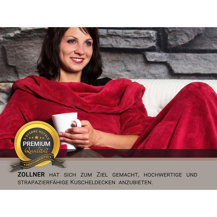 ZOLLNER Kuscheldecke mit Ärmeln, 170x200 cm, rot (weinrot) – Bild 5
