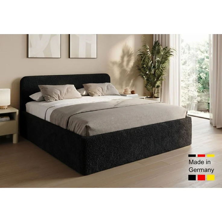 Home Collective Polsterbett Bett mit Stauraum, verstellbarem Lattenrost, viele Größen (Größen: 100x200 120x200 140x200 160x200 180x200 200x200, trendiger Bouclé-Stoff, made in Germany), wählbare Matratze Federkern oder Kaltschaum Schwarz – Bild 1