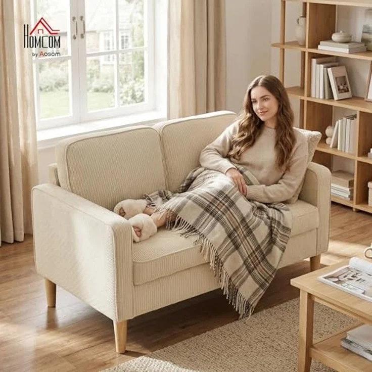 HOMCOM Loveseat Modern Polstersofa mit 2 Wurfkissen Stauraum Massivholzfüßen (Couch, 1-St, 2-Sitzer Sofa), aus Corduroy für Wohnzimmer, Schlafzimmer, Beige 117 x 63 x 79 cm – Bild 2