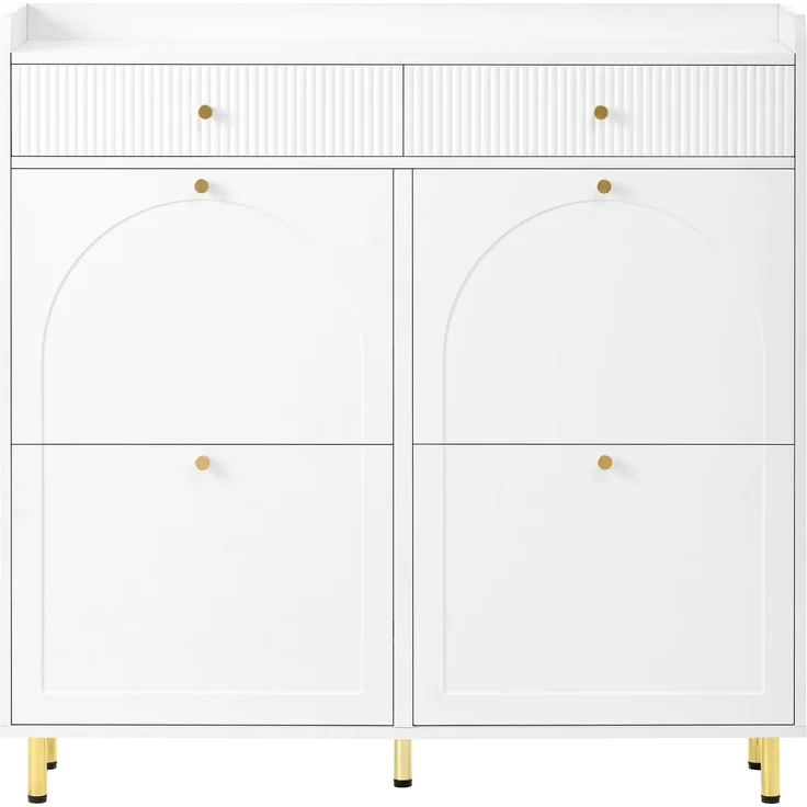 ZUBALIYA Schuhschrank (106,5 x 25 x 105,5 cm), 4 Klappfächer und 2 Schubladen, Verstellbare Einlegeböden, Aus MDF und Spanplatte, Weiß – Bild 7