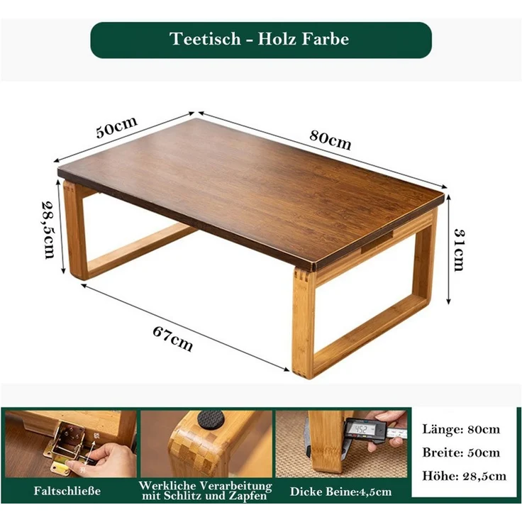 TUWENA Couchtisch Klappbarer Couchtisch Beistelltisch aus Bambus Niedriger Kaffeetisch, Retro Tatami End Tische für Fenster, Tatami, Outdoor, Bett, 80 x 50 cm – Bild 2