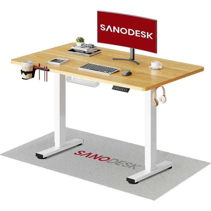 SANODESK Höhenverstellbarer Schreibtisch mit VOLLSTÄNDIGER TISCHPLATTE, 4 Zubehörteilen (Becherhalter, Haken, Aufbewahrungsbox, Kabelmanagement), ergonomisch für Büro und Homeoffice, Ahorn, 110x54 cm – Bild 1