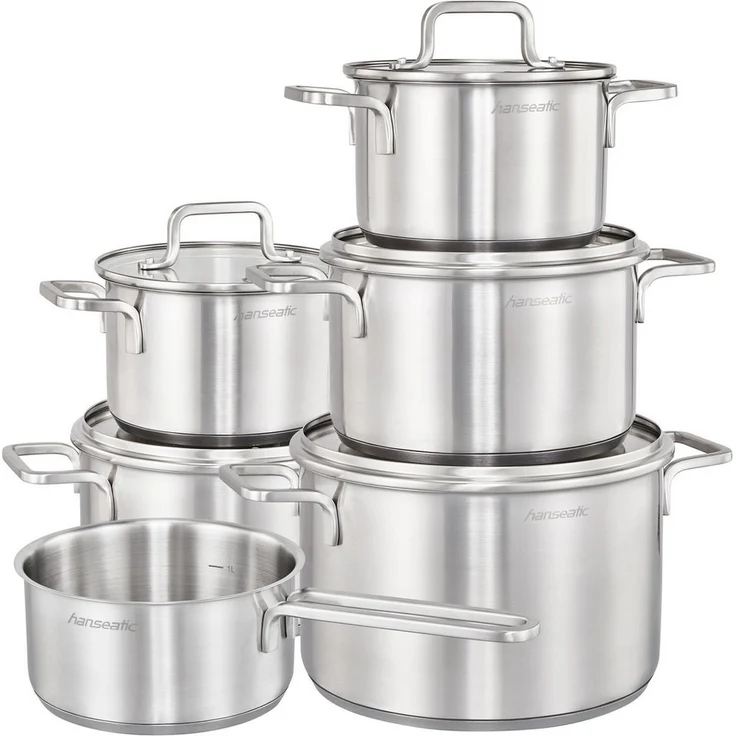 Hanseatic Topf-Set DAILY, Edelstahl 18/10 (Set, 11-tlg, Fleischtopf 2x 16 cm / 2x 20 cm / 1x 24 cm, Stielkasserolle 16 cm), handfreundliche Griffe, Literskala, Glasdeckel, Induktion – Bild 1