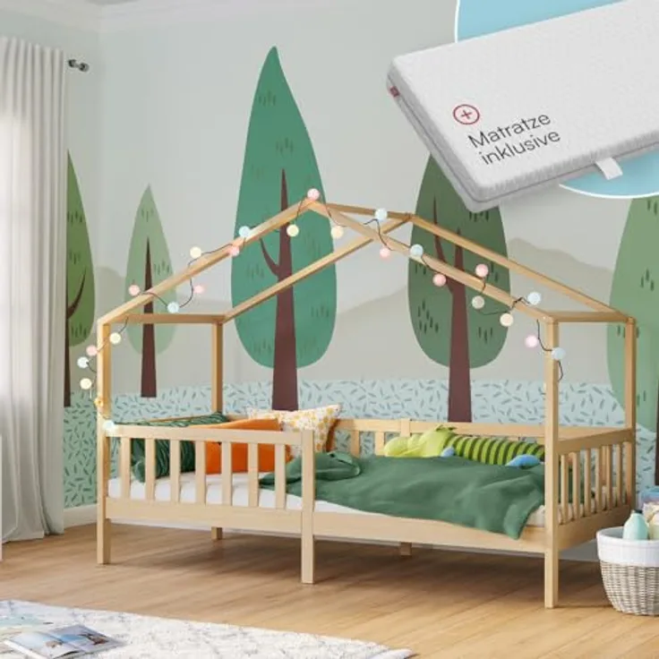 Bellabino Bia Kinderbett 90x200 cm – Hausbett mit Matratze, Rausfallschutz & Lattenrost – Montessori Bodenbett aus Massivholz Kiefer – Kinder Bett in Natur für Jungen und Mädchen
