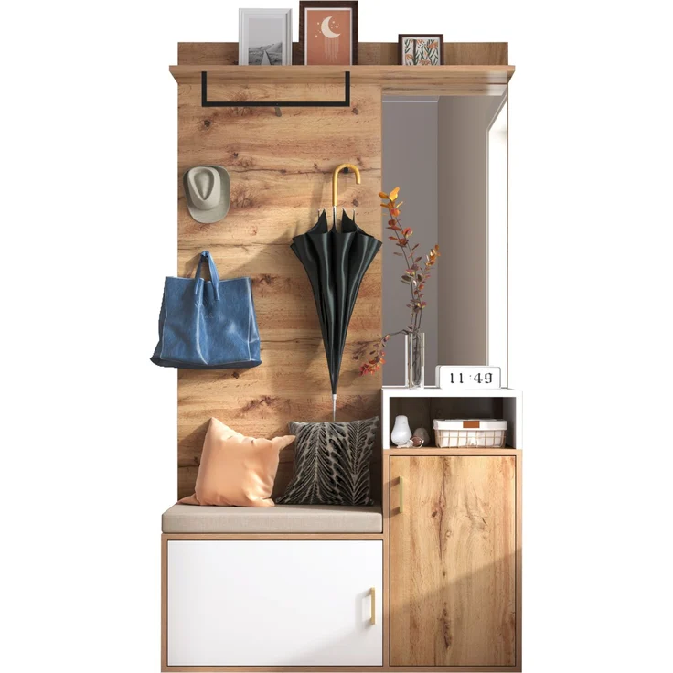 Garderobe Schuhschrank Flurmöbel 105 cm Weiß Holz - Mit Spiegel, Sitzbank, Haken & Stange, höhenverstellbar – Bild 7