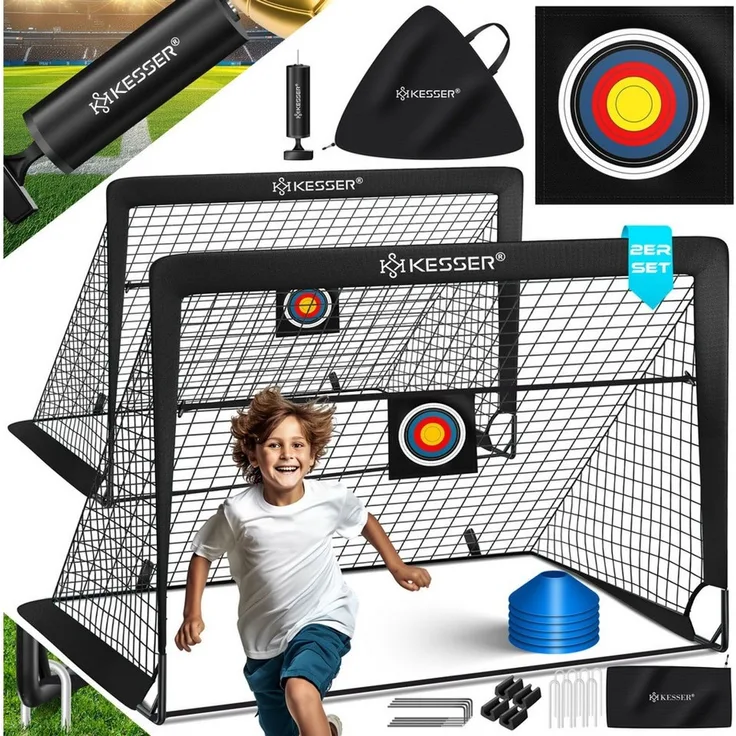 KESSER Pop-Up Fußballtor, 2er Set, mit Transporttasche, 6x Hütchen, Ballpumpe & Zielscheibe, Glasfaserstangen, 120x90 cm, Schwarz