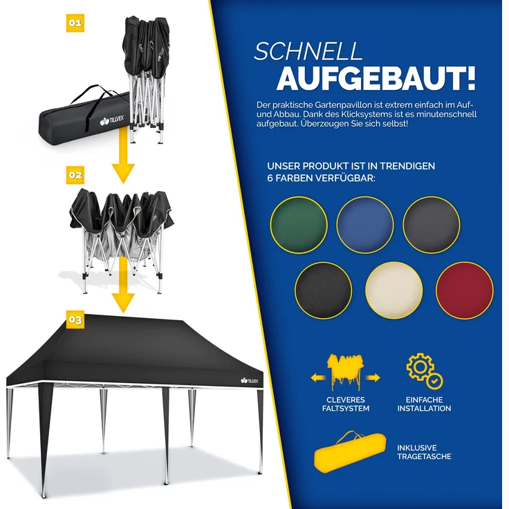 tillvex Pavillon 3x6m - mit 3 Seitenwänden Schwarz wasserdicht | Pop-Up Faltpavillon höhenverstellbar | Gartenzelt UV Schutz 50+ | Partyzelt mit Tasche für Garten – Bild 5