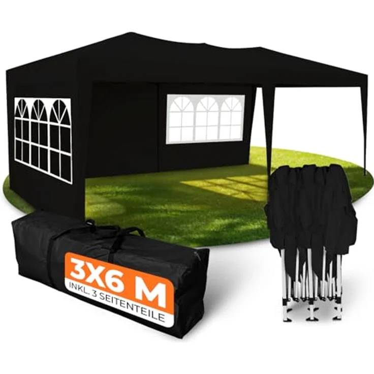Kronenburg Faltpavillon wasserdicht Pavillon mit 3 Seitenteilen, Gartenzelt, 3x6 m - mit UV Schutz 50+, Schwarz – Bild 2