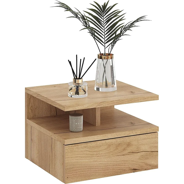 KOMTO Nachttisch Hängend mit Ablage, Wandregal mit Schublade | Nachttisch Honig Eiche, Nachtschrank Hängend, 35,4 × 32,2 × 24,6 cm
