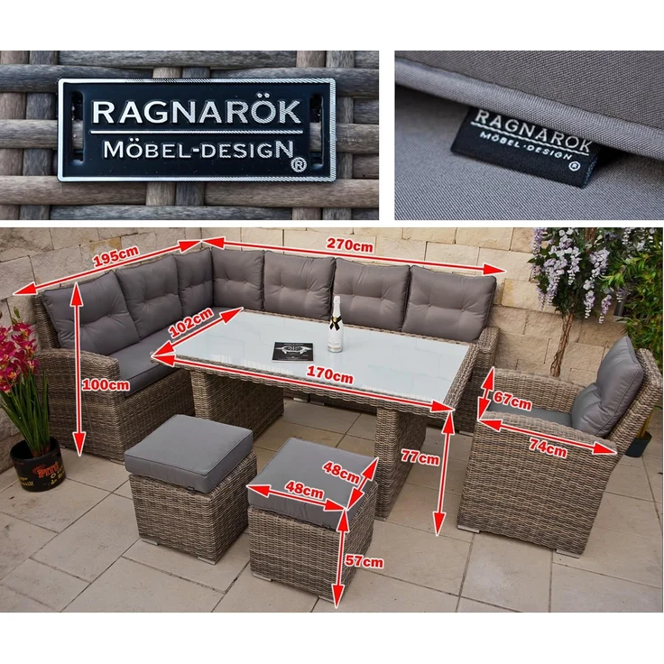 Ragnarök Möbel-Design Gartenlounge-Set Dining Lounge Wieland XL, (Set, 1 Ecklounge, 2x Hocker, 1x Hochlehner Sessel, Alu, Polyrattan), Sitzpolster ca. 16 cm dick – Bild 2