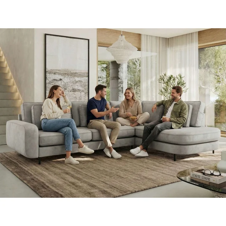 CALENO L-Form Ecksofa 317x225 cm, Massivholz-Rahmen & Wellenfedern, Sitzhöhe 51 cm, modernes Polstersofa rückenecht bezogen & freistehend - Hellgrau Velvet - Rechts Seite – Bild 3
