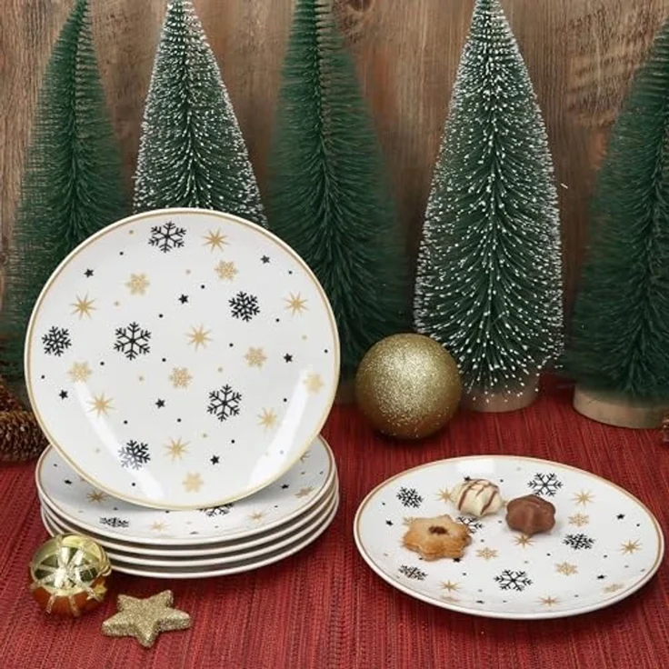 MamboCat Frühstücksteller 6x Stars schwarz & gold Kuchenteller Steingut 6 Pers. Dessertteller, Weihnachtsgeschirr, Weihnachten, Weihnachtsset, Geschirr – Bild 3