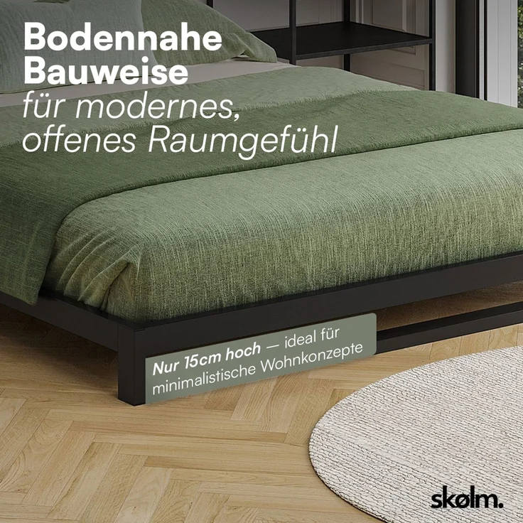 skølm 'Vidar' Bett 160x200 cm, Metall, schwarz, Höhe 15 cm hoch, Doppelbett mit Lattenrost – Bild 5