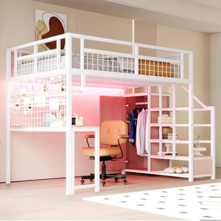 Ball & Cast Loft Bed (140x200 cm) mit Aufbewahrungsleiter und Einfachem Kleiderschrank, Metal Hochbett mit Tisch + Netzregal, Stabil & Rauschlos, Weiß – Bild 4