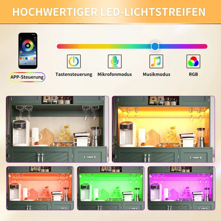 Seitenboard / Aufbewahrungsschrank / Küchenschrank / Buffetschrank, 120 x 40 x 188 cm, mit LED-Beleuchtung, Snackregal & Getränkehaltern, 4 Türen & 2 große Schubladen, Grün/Schwarz/Weiß – Bild 10