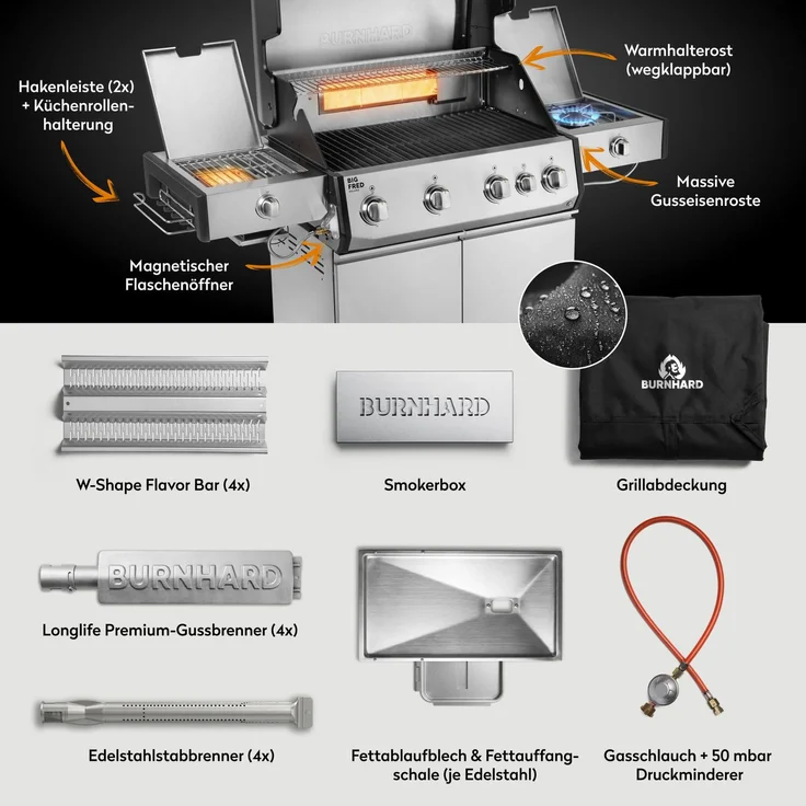 BURNHARD® Gasgrill 4-Brenner, Big FRED Deluxe+, 24,7 kW, Longlife Gussbrenner, Infrarot-Keramikbrenner, Heckbrenner, Seitenkochfeld, Piezo-Zündung, Gussrost, Silber – Bild 4