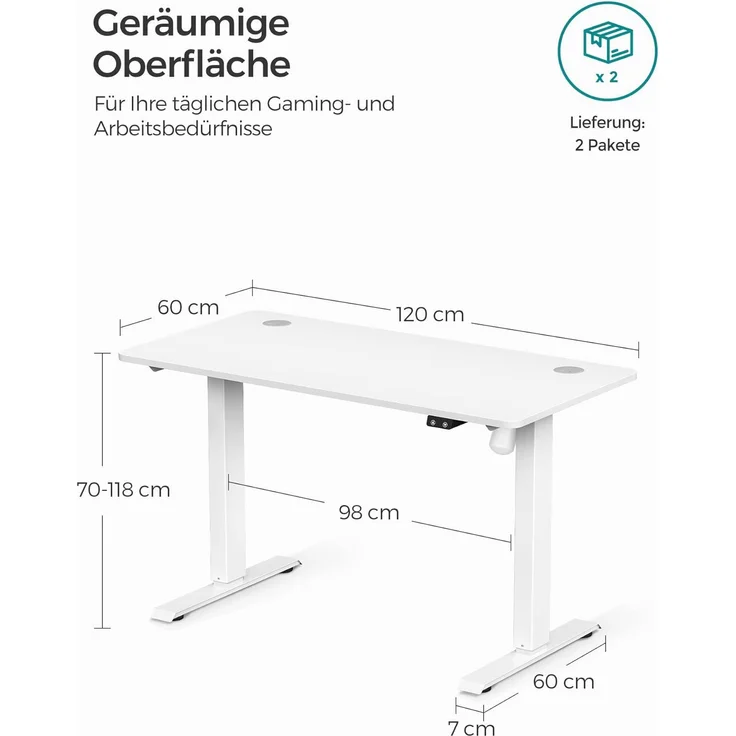 SONGMICS Höhenverstellbarer Schreibtisch elektrisch, Tischgestell, Schreibtischständer mit Motor, stufenlos verstellbar, 120 x 60 x (73-114) cm, Stahl, weiß LSD011W01 – Bild 3