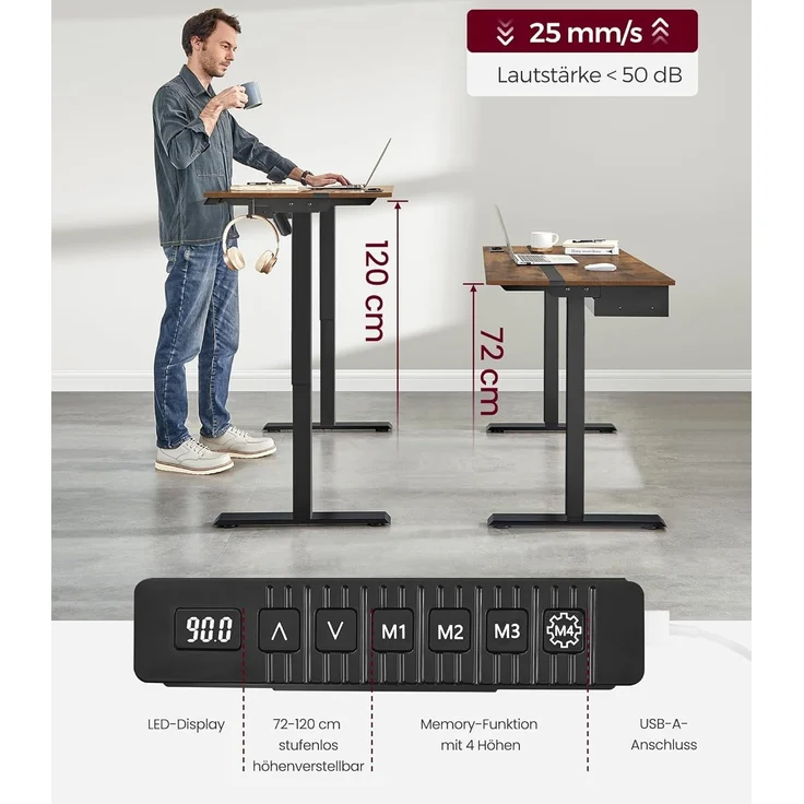 Vasagle Höhenverstellbarer Schreibtisch elektrisch, mit Steckdose und Schublade, stufenlos verstellbar, Memory-Funktion mit 4 Höhen, vintagebraun-schwarz, Tischoberfläche 60x120 cm – Bild 3